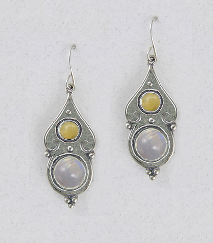 Sterling Silver Rainbow Moonstone And Yellow Aragonite Gemstone Drop Dangle Earrings